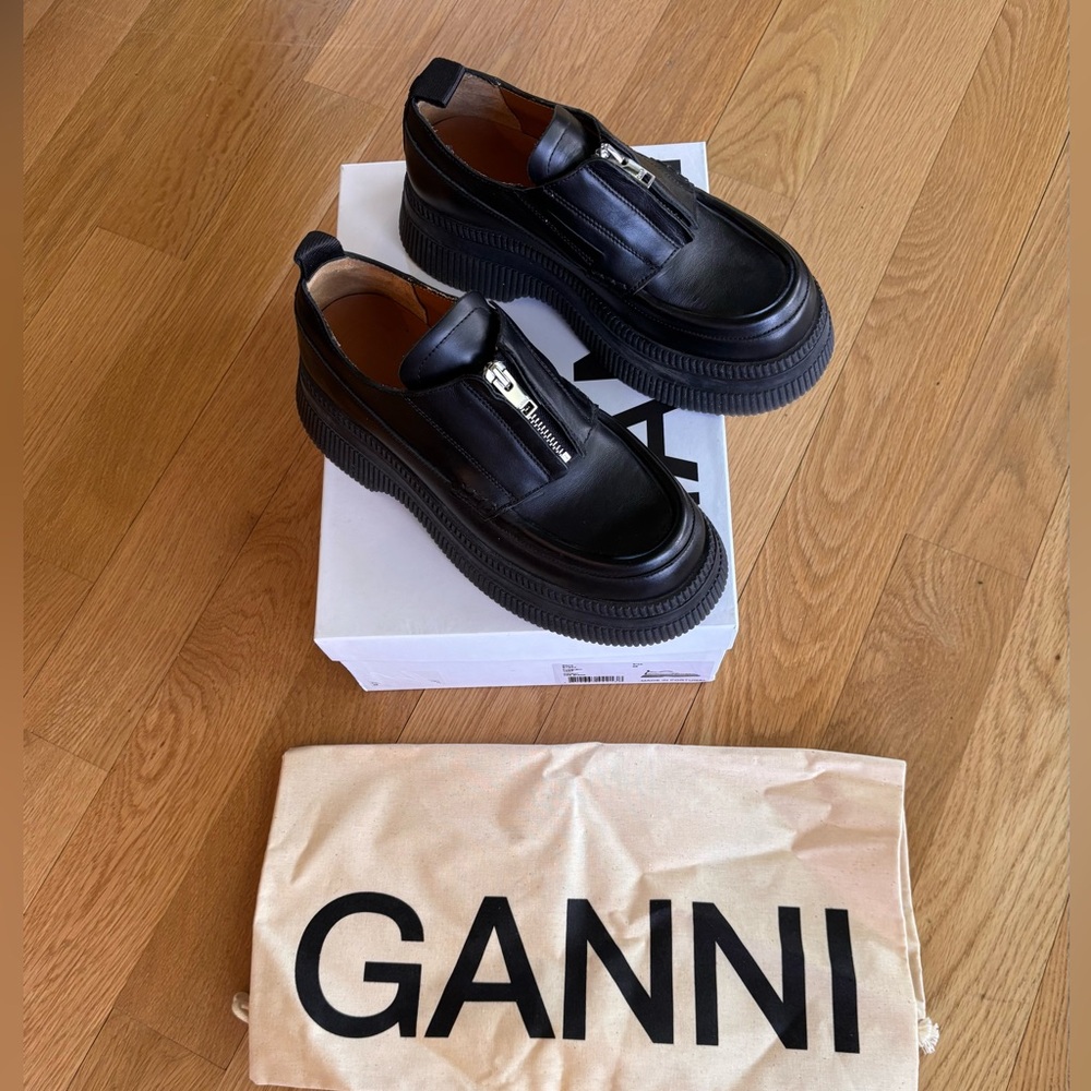 Ganni Black Leather Zip-Front Platform Slip-On Loafers Size 8